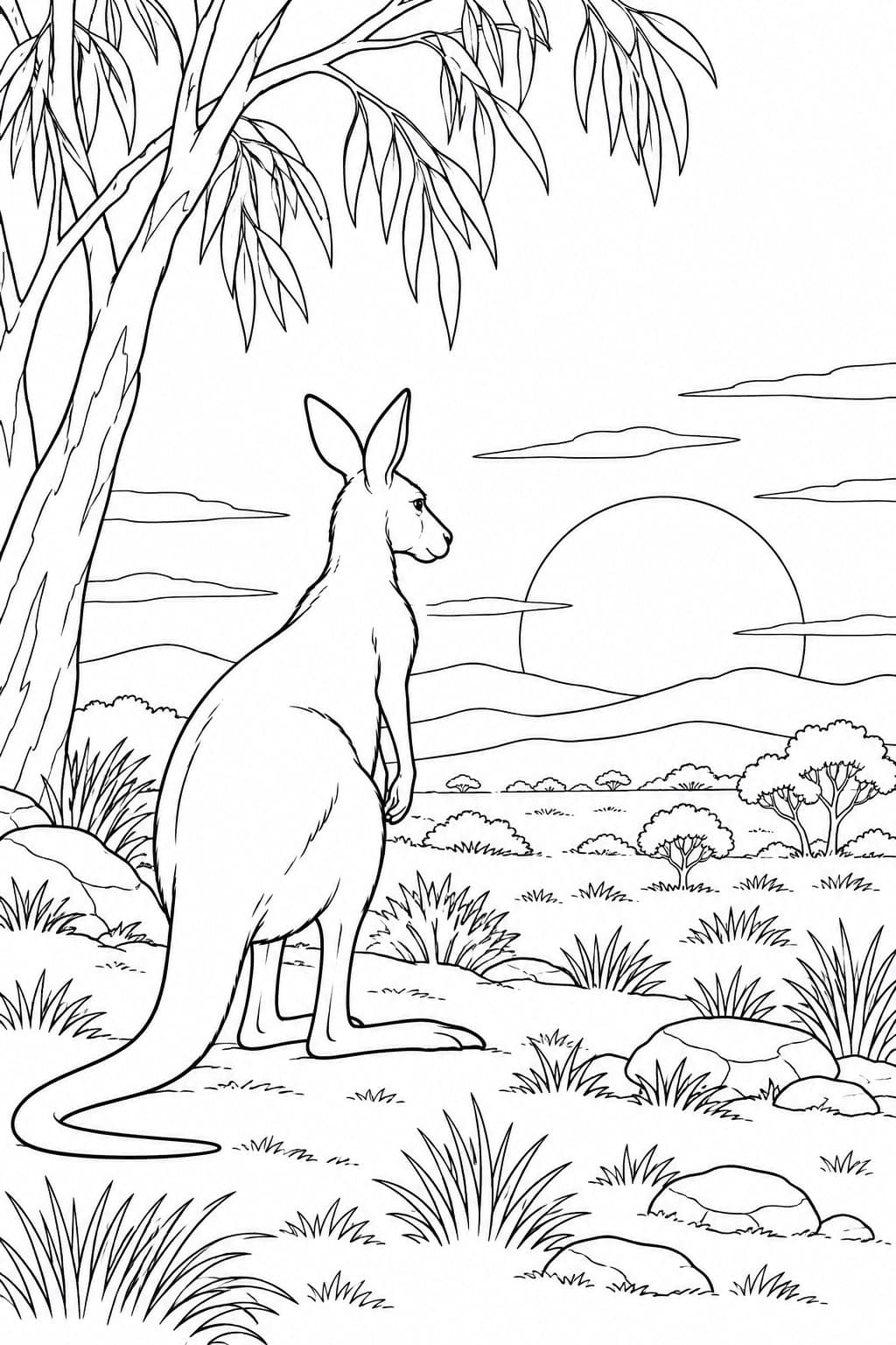 Känguru bei Sonnenuntergang Ausmalbild