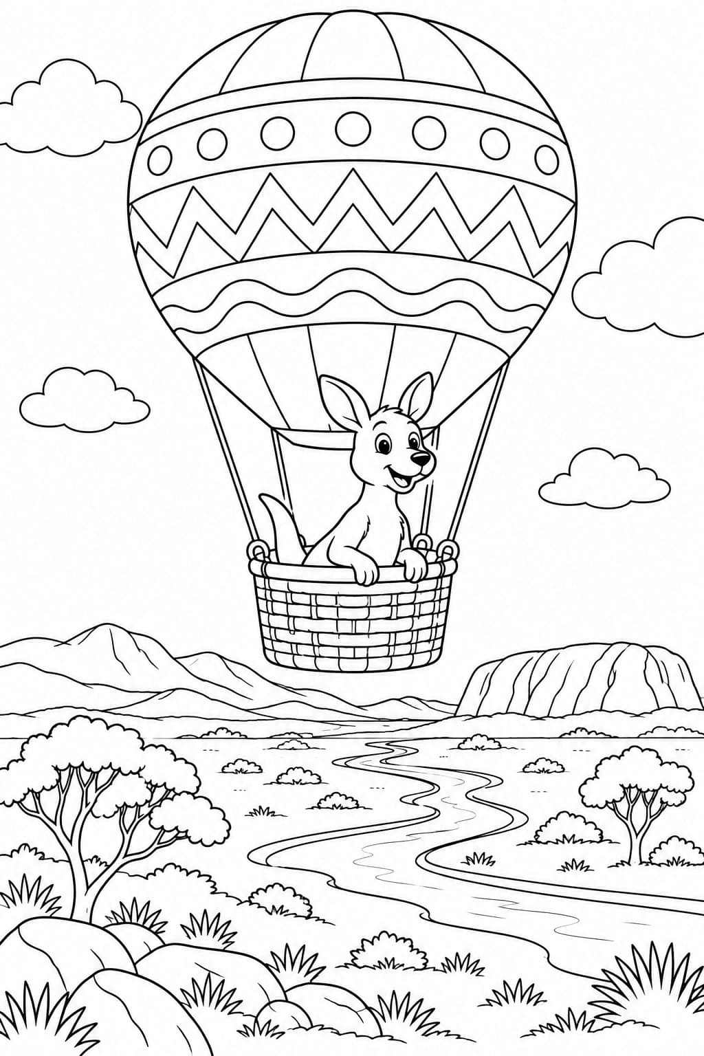 Känguru im Heißluftballon Ausmalbild