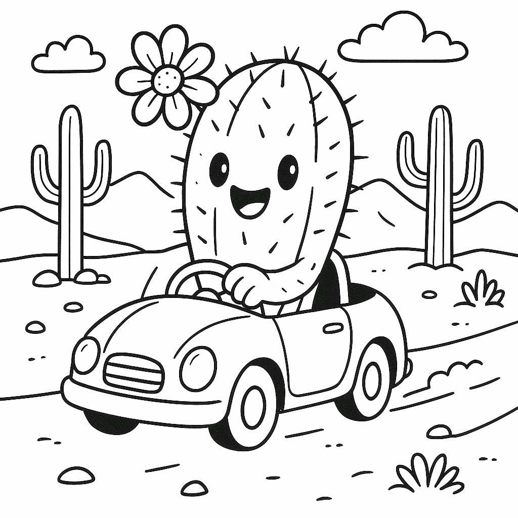 Kaktus fährt Auto Ausmalbild