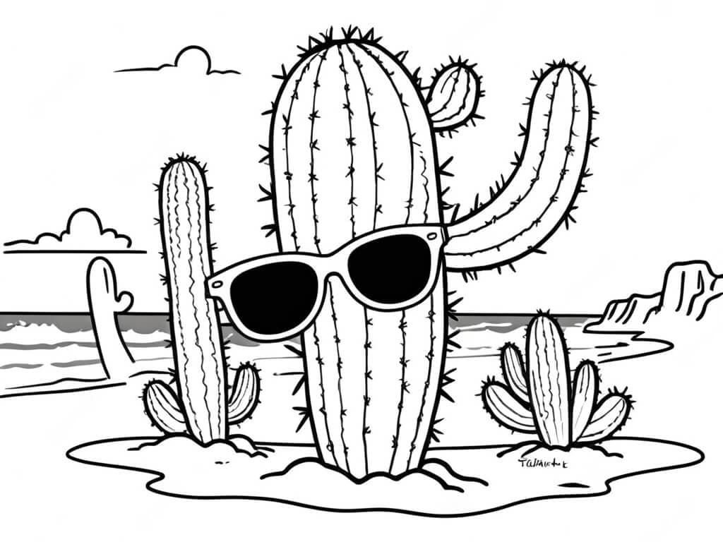 Kaktus mit Sonnenbrille am Strand Ausmalbild