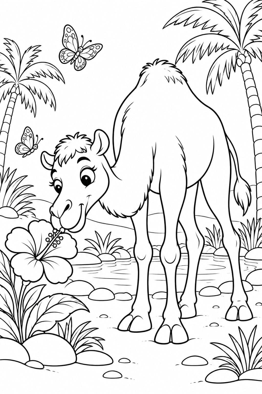 Kamel mit Blume und Schmetterlingen in einer Oase zum Ausmalen