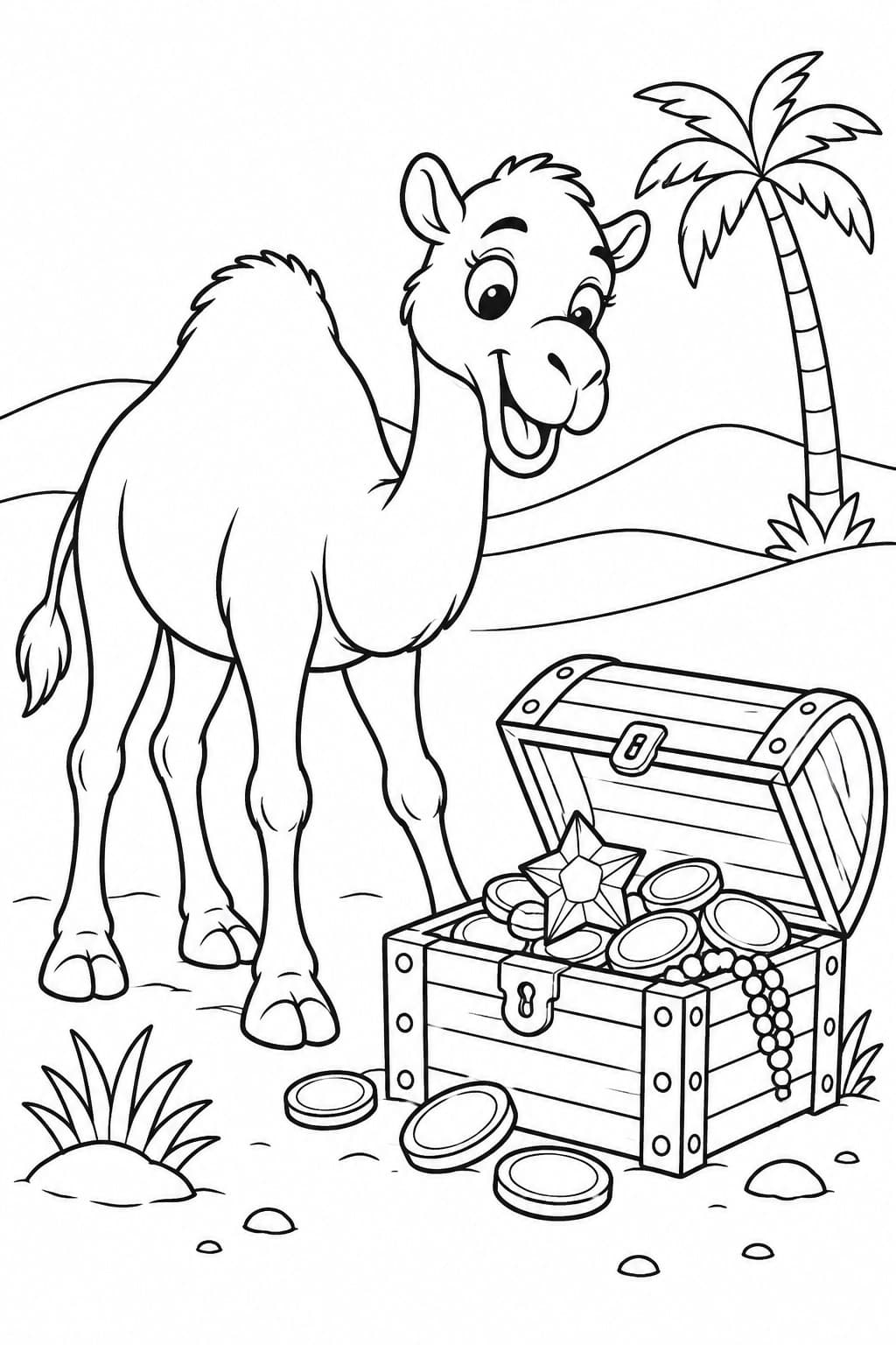 Kamel mit Schatztruhe in der Wüste zum Ausmalen