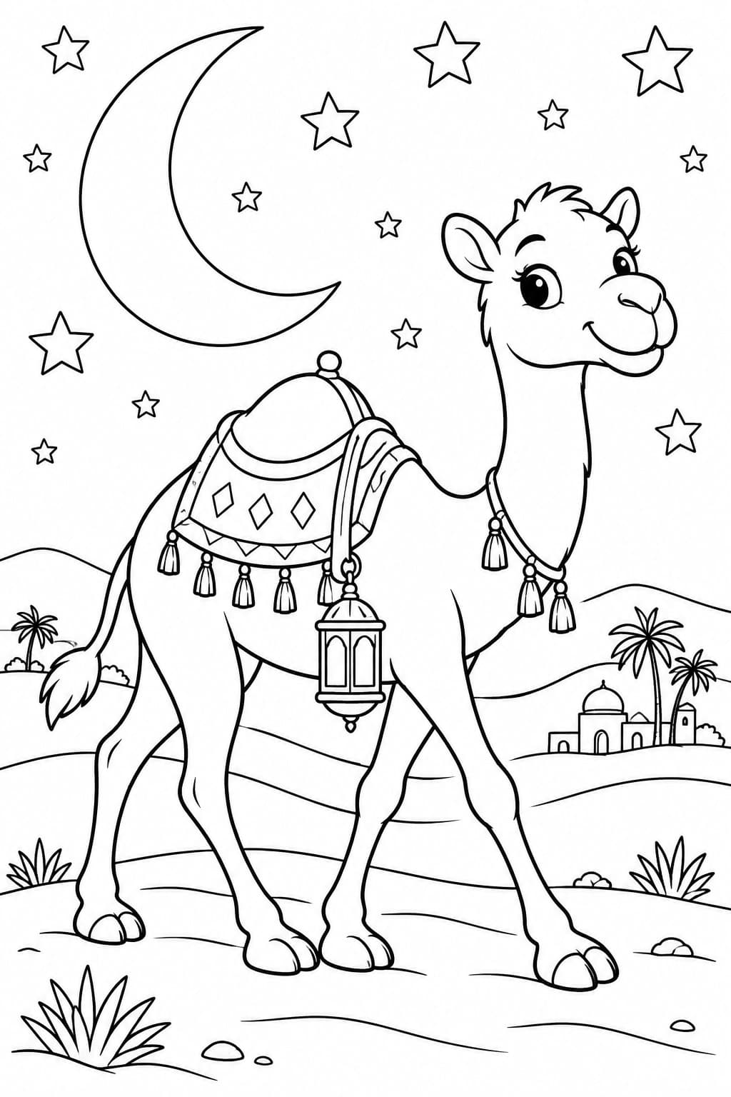 Kamel mit Laterne unter Mond und Sternen zum Ausmalen