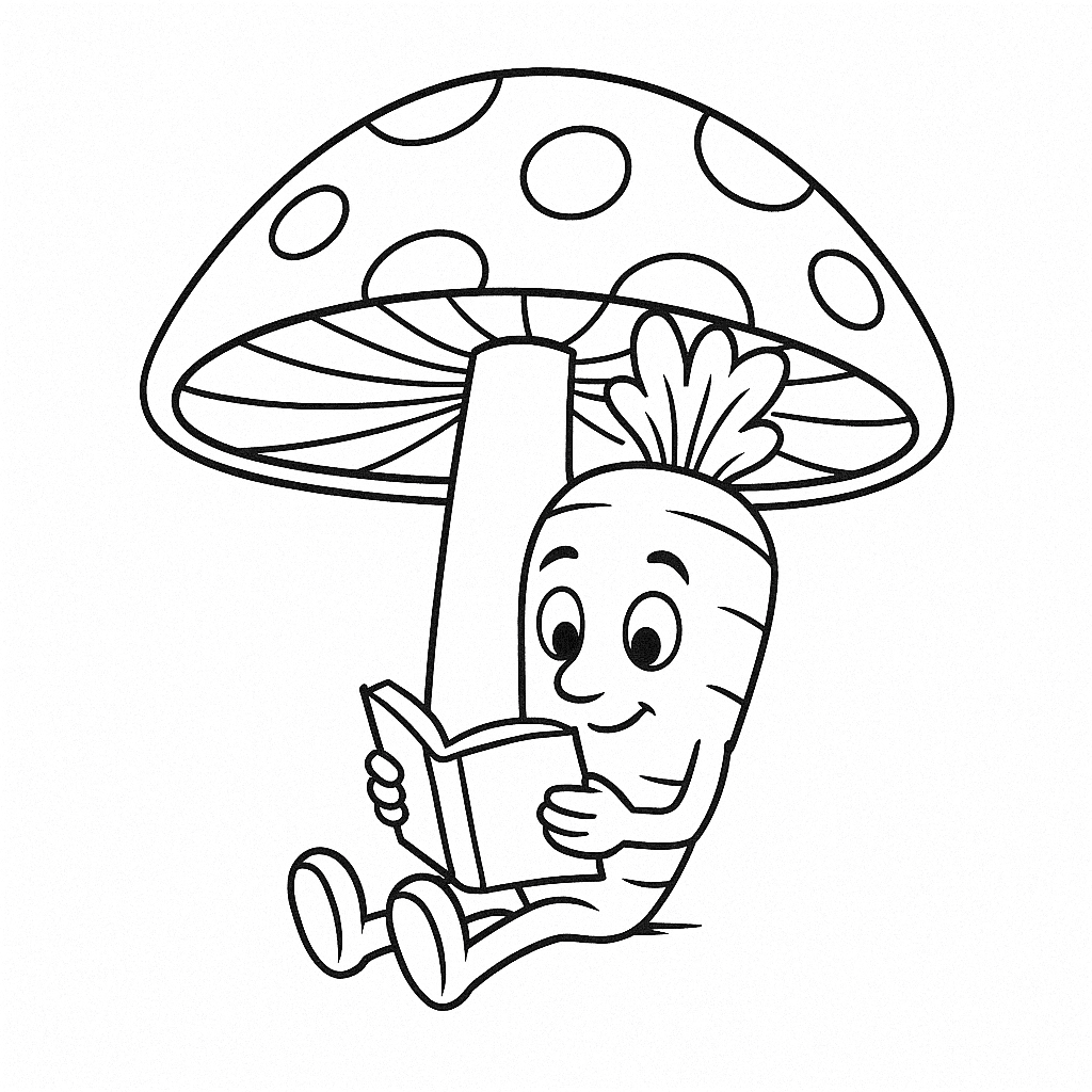 Karotte liest Buch unter Pilz Ausmalbild
