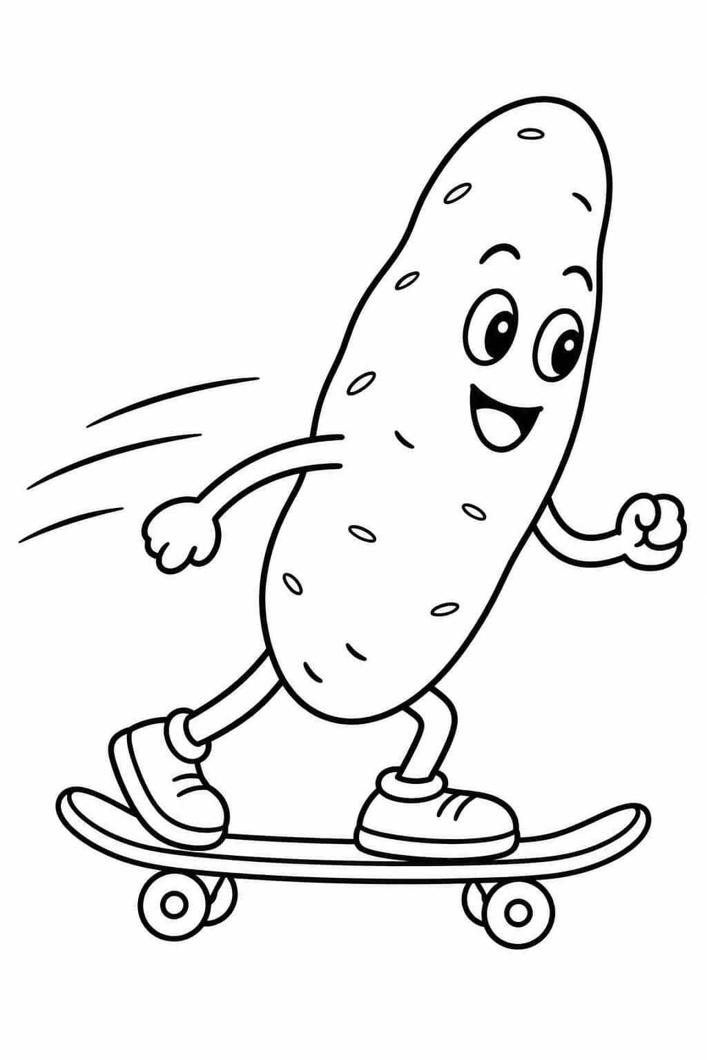 Kartoffel auf dem Skateboard Ausmalbild – einfache Malvorlage in Schwarz-Weiß