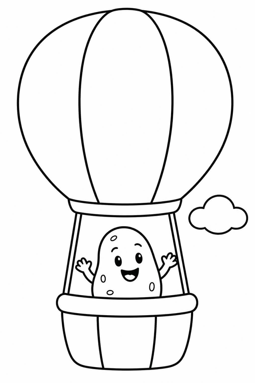 Kartoffel im Heißluftballon Ausmalbild – einfache Malvorlage in Schwarz-Weiß