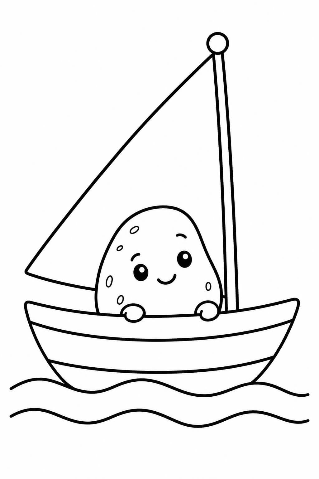 Kartoffel im Segelboot Ausmalbild – einfache Malvorlage in Schwarz-Weiß