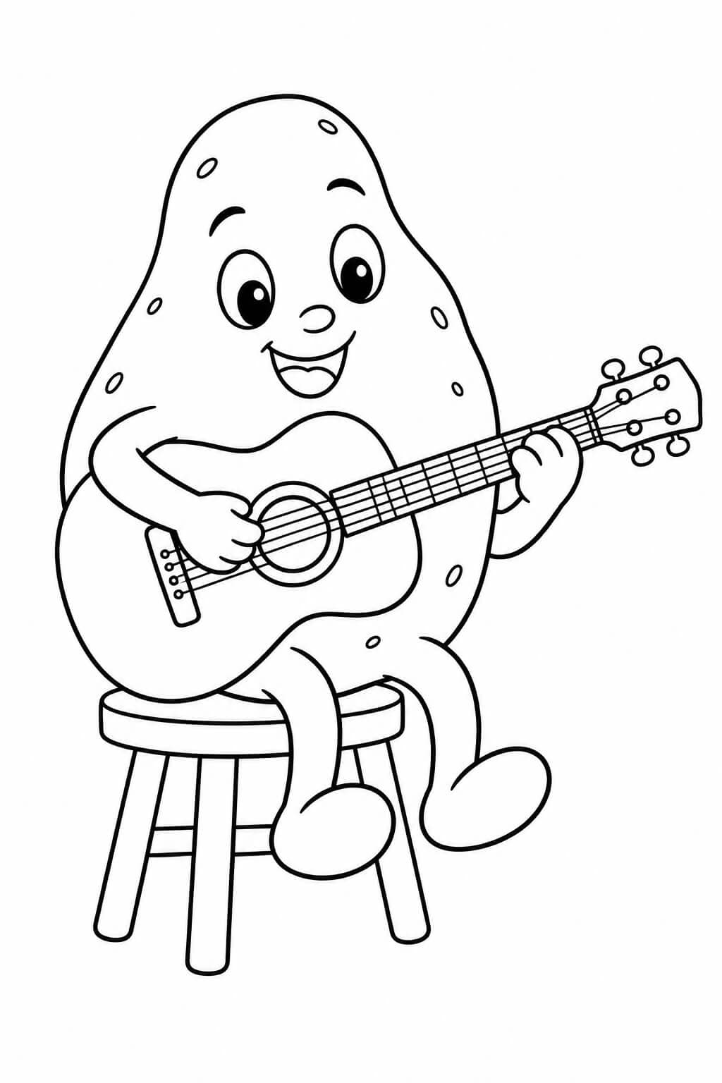 Kartoffel mit Gitarre Ausmalbild – einfache Malvorlage in Schwarz-Weiß