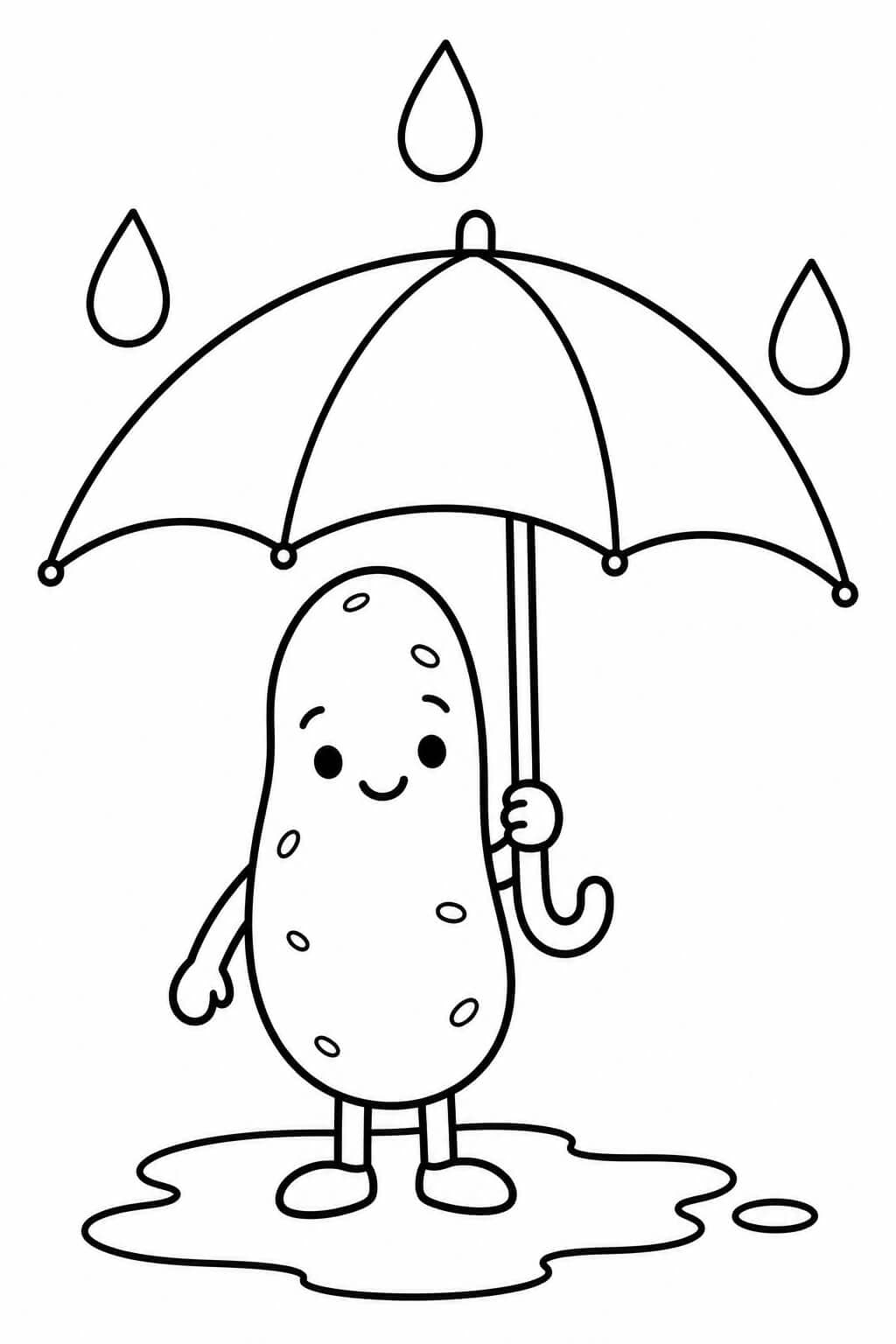 Kartoffel mit Regenschirm Ausmalbild – einfache Malvorlage in Schwarz-Weiß