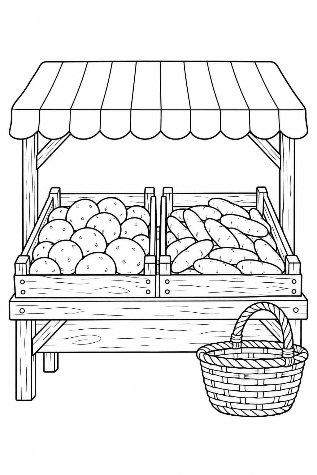Kartoffeln auf dem Wochenmarkt Ausmalbild – kreative Malvorlage in Schwarz-Weiß