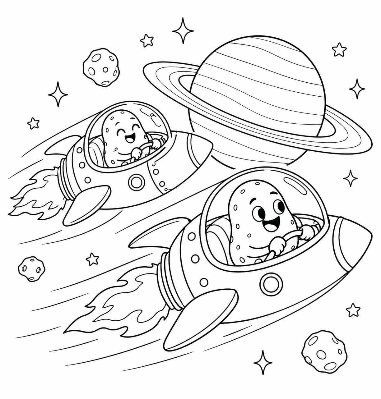 Kartoffeln beim Weltraumrennen Ausmalbild – kreative Malvorlage in Schwarz-Weiß