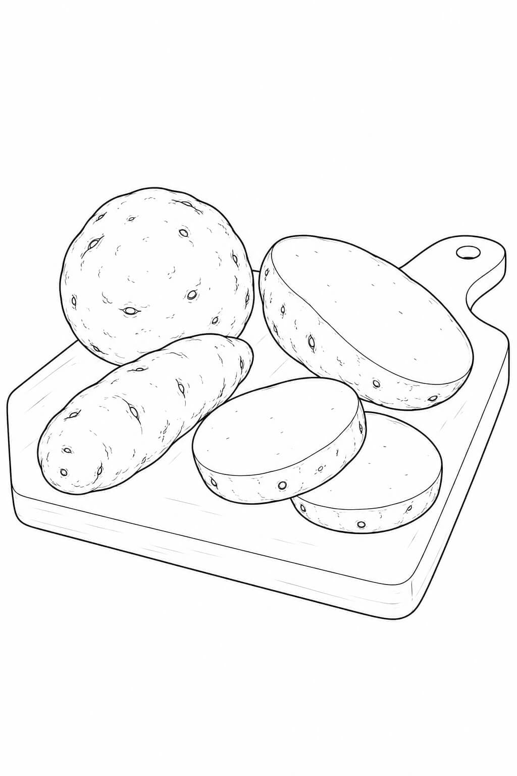 Kartoffeln mit Scheiben – realistisches Ausmalbild – realistische Malvorlage in Schwarz-Weiß