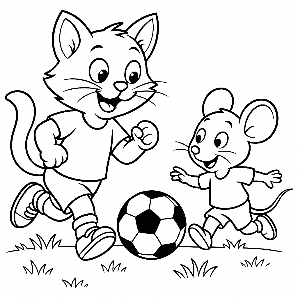 Katze spielt Fußball gegen Maus zum Ausmalen