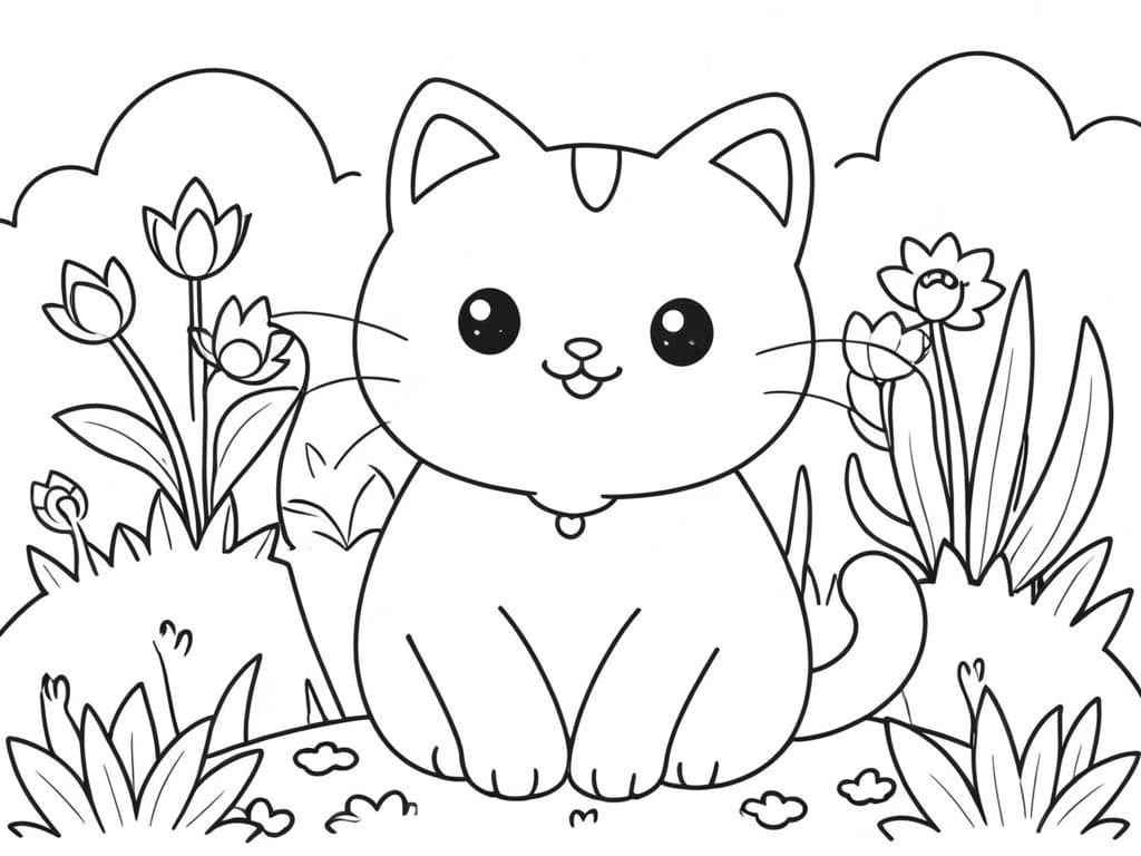 Katze im Garten zum Ausmalen