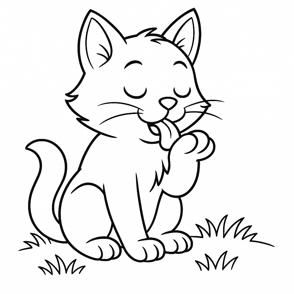Katze leckt Pfote zum Ausmalen
