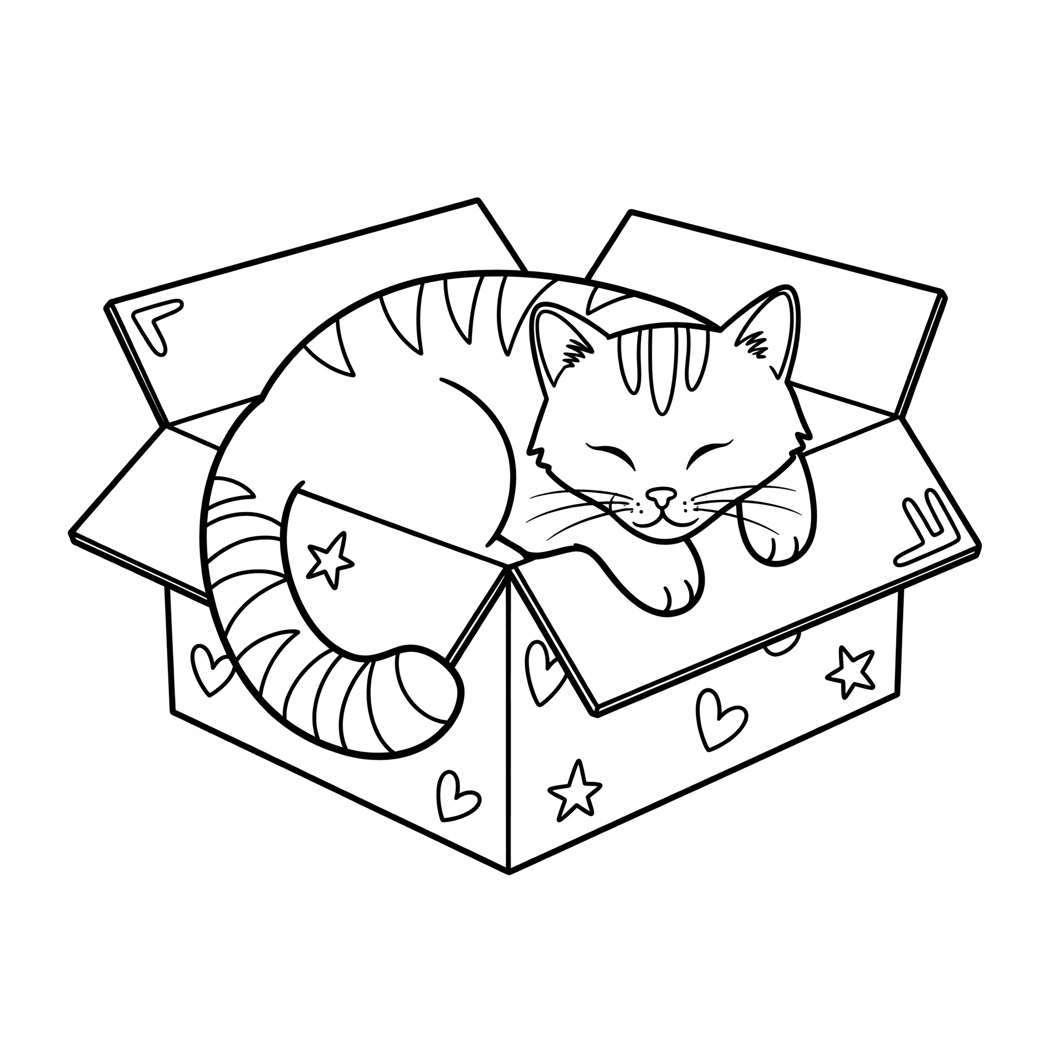 Katze schläft in einer Kiste zum Ausmalen