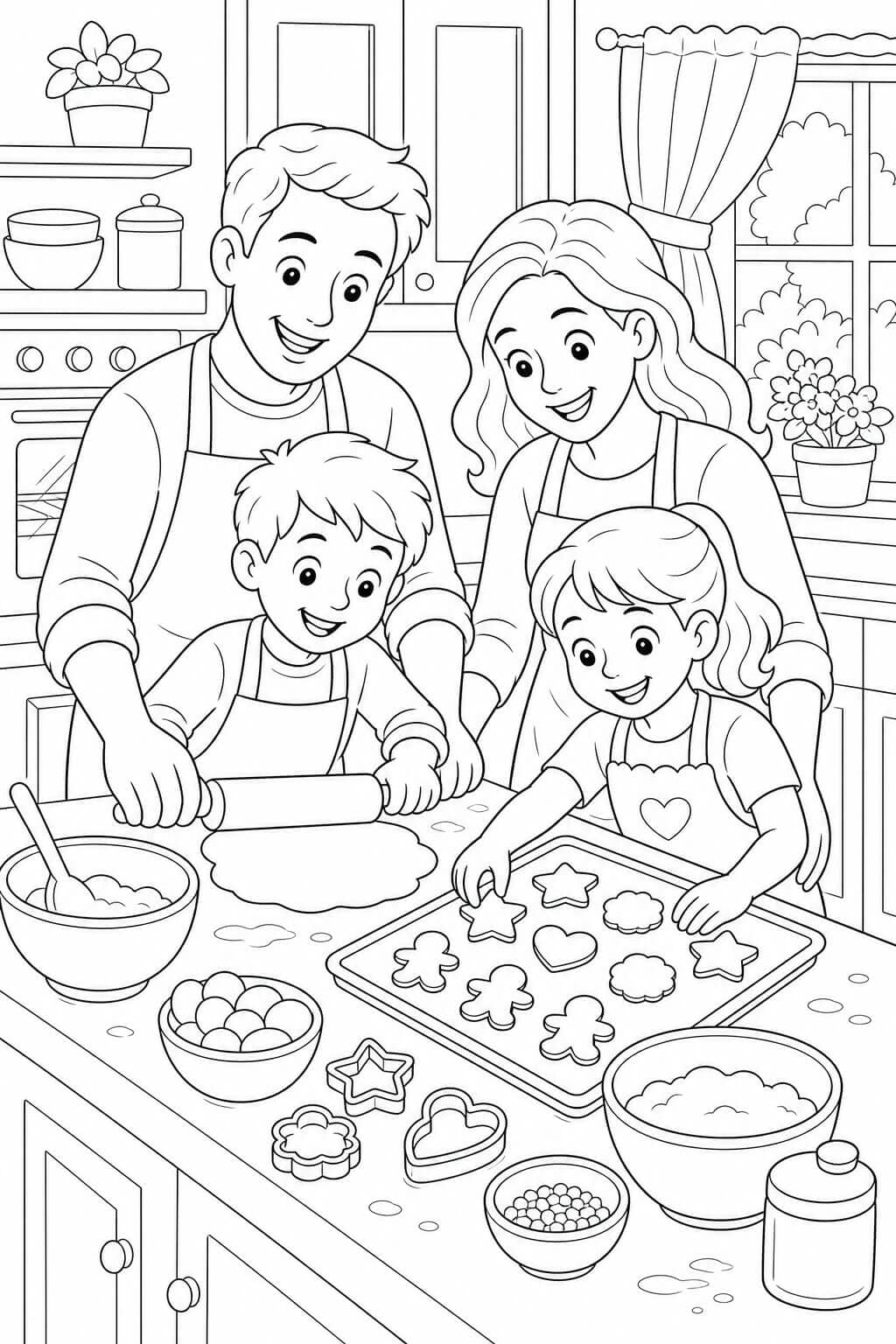 Familie backt gemeinsam Kekse Ausmalbild