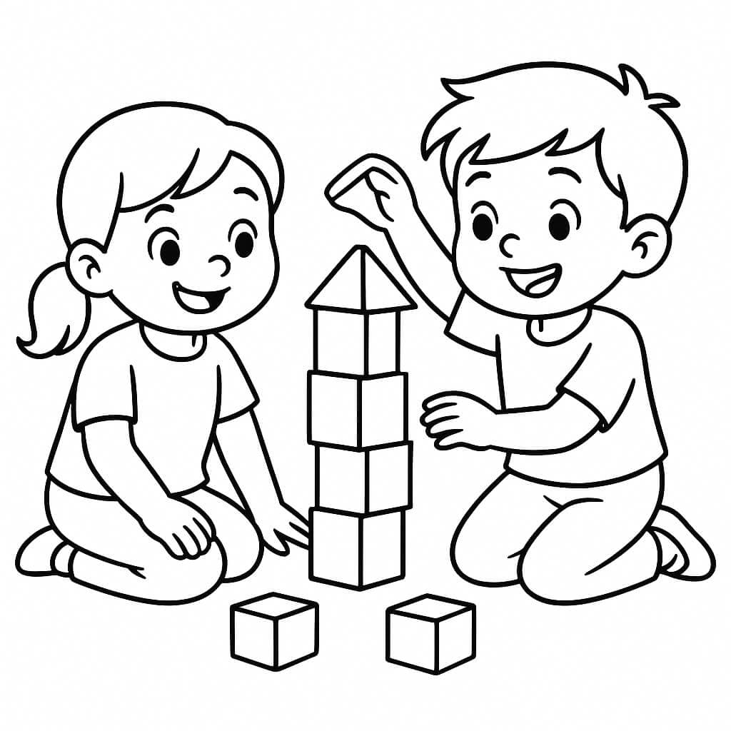 Kinder bauen mit Bausteinen – Ausmalbild