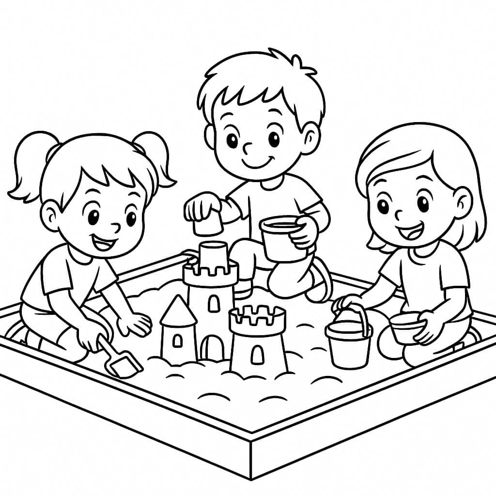 Kinder bauen Sandburgen – Ausmalbild