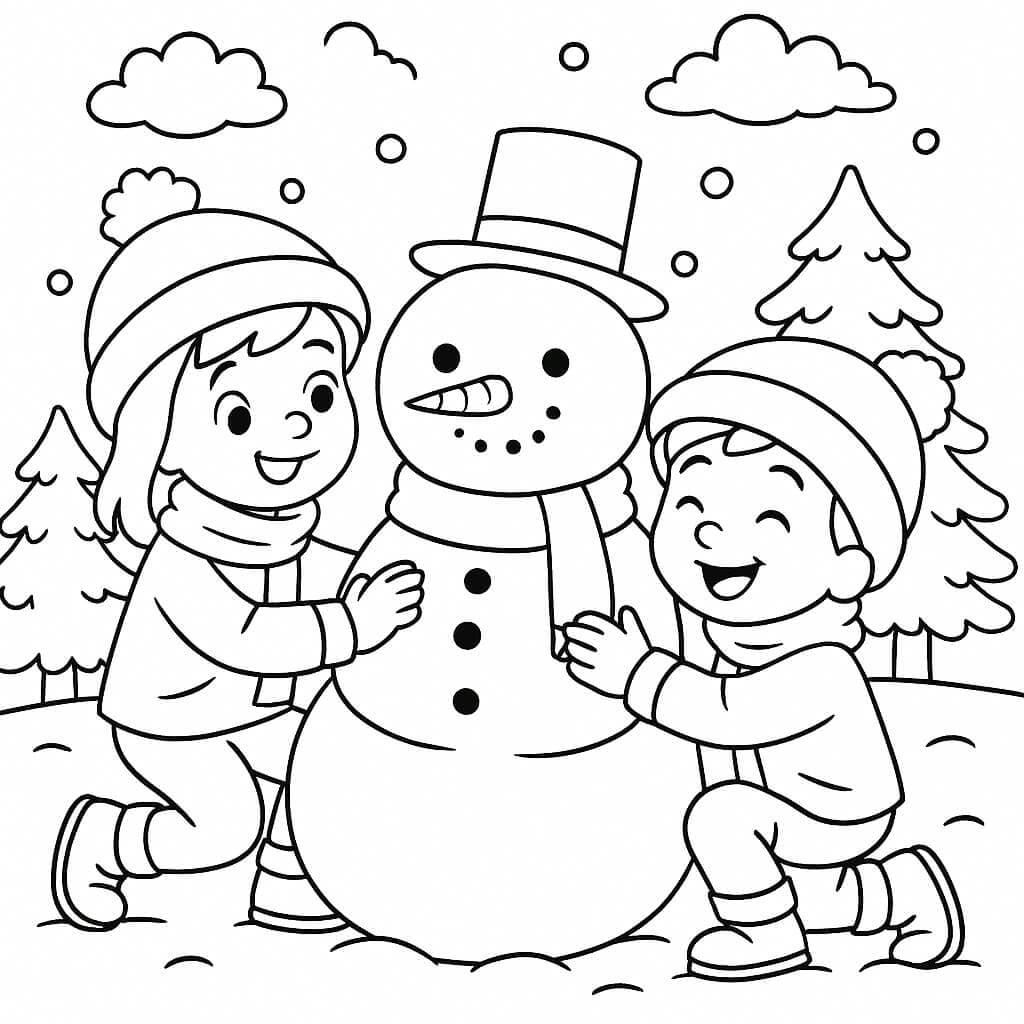 Kinder bauen Schneemann – Ausmalbild