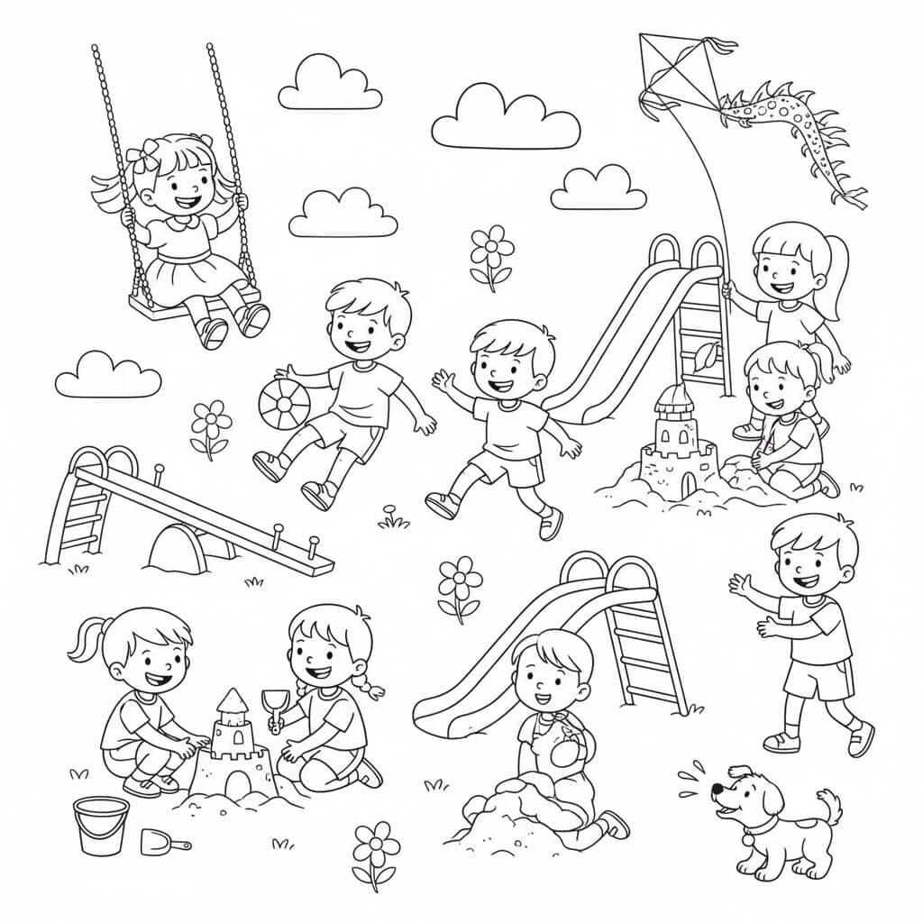 Kinder bei Spielaktivitäten – Ausmalbild