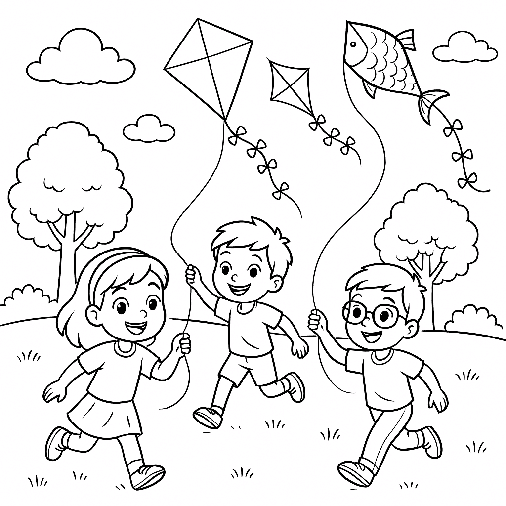 Kinder beim Drachensteigen – Ausmalbild