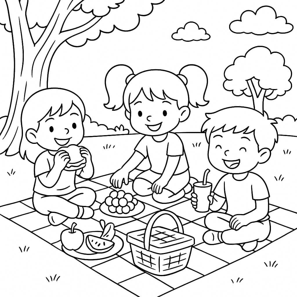 Kinder beim Picknick – Ausmalbild