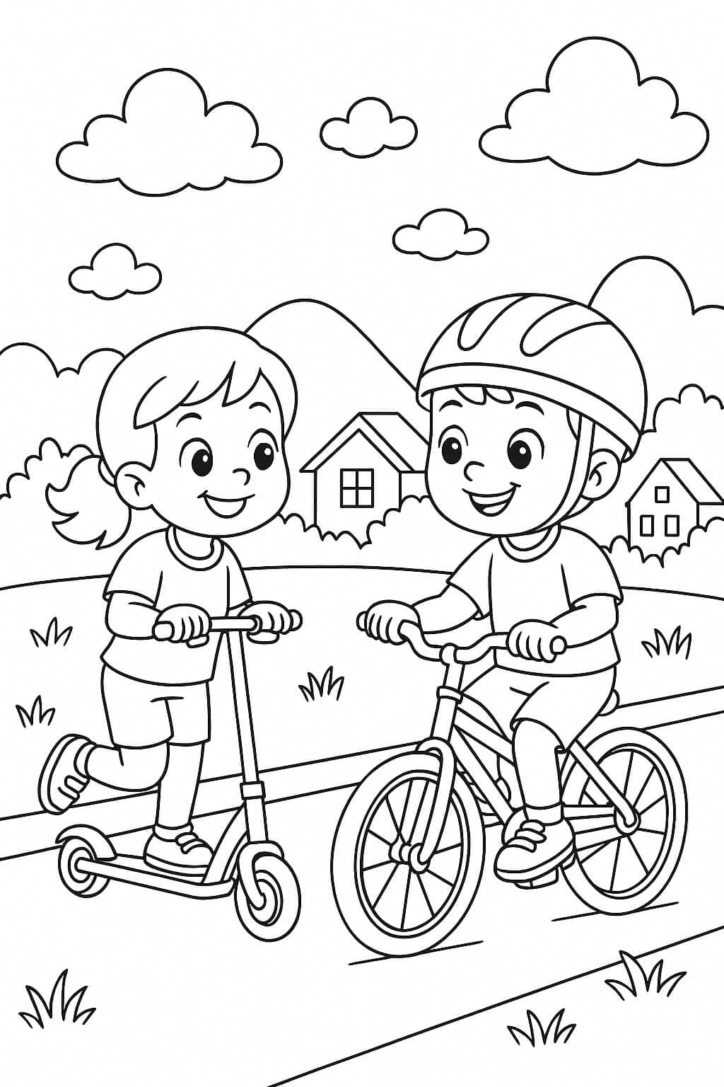 Kinder fahren Fahrrad und Tretroller – Ausmalbild