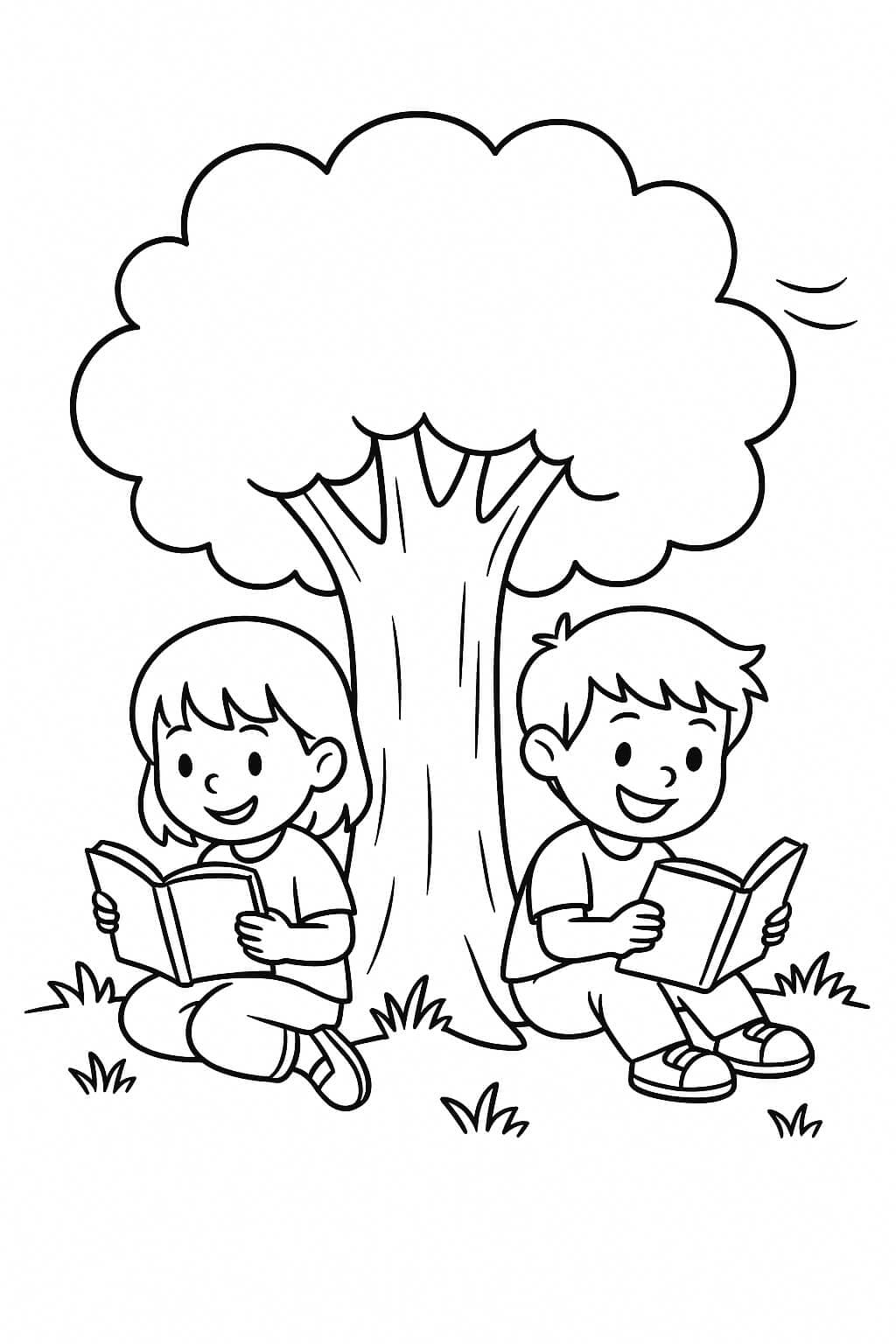 Kinder lesen Bücher im Schatten – Ausmalbild