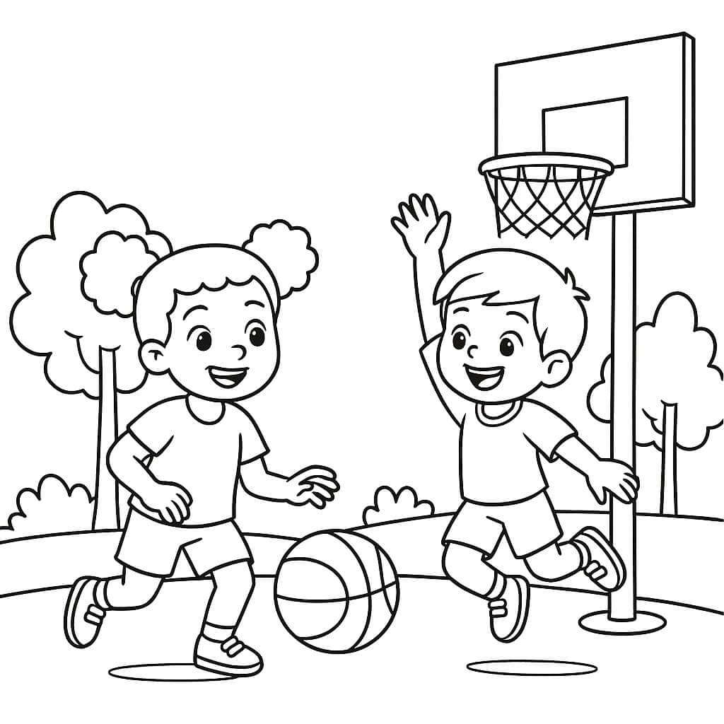 Kinder spielen Basketball – Ausmalbild