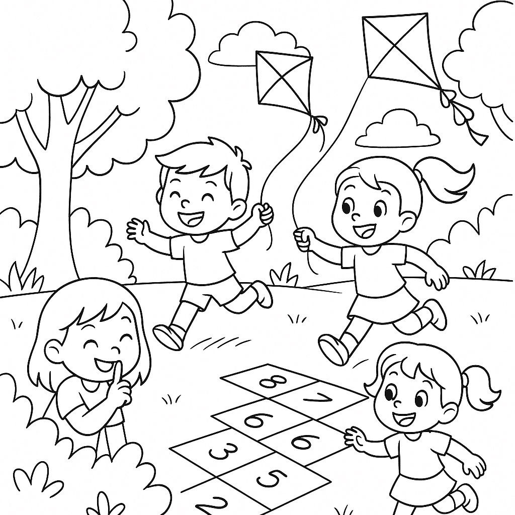 Kinder spielen im Garten – Ausmalbild