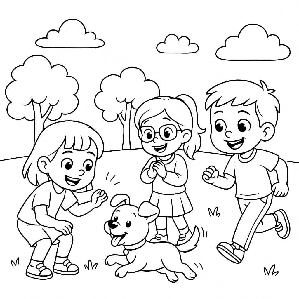 Kinder spielen mit Hund – Ausmalbild