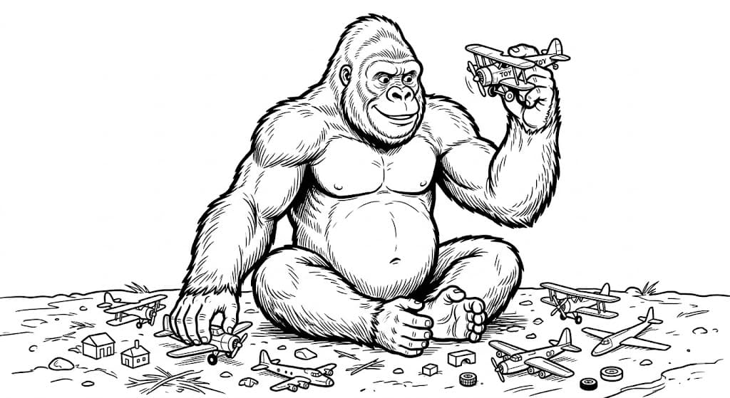 King Kong mit Flugzeug Ausmalbild