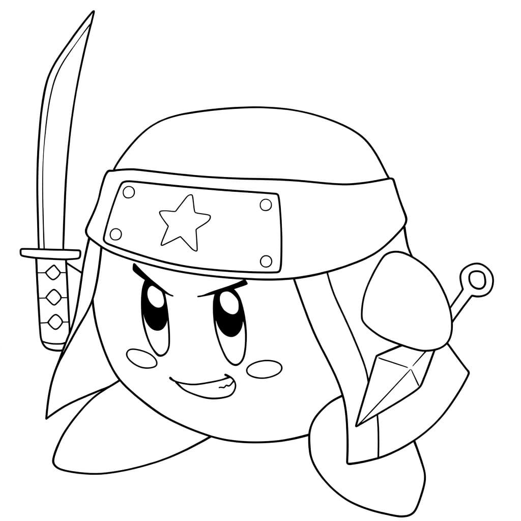 Kirby als Ninja mit Stirnband, Schwert und Wurfmesser