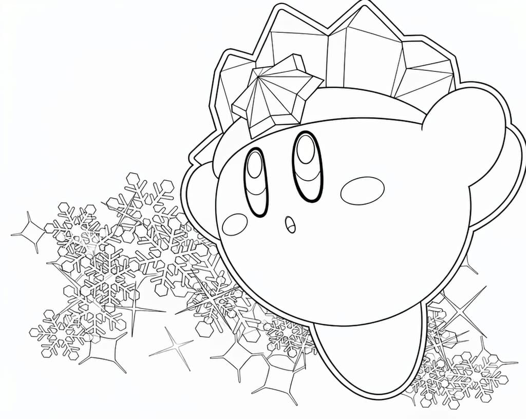 Kirby mit Eiskrone zwischen großen und kleinen Schneeflocken