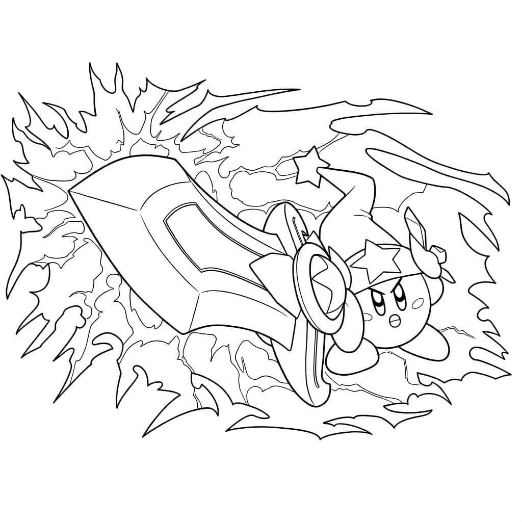 Kirby schwingt ein großes Schwert zwischen dynamischen Linien