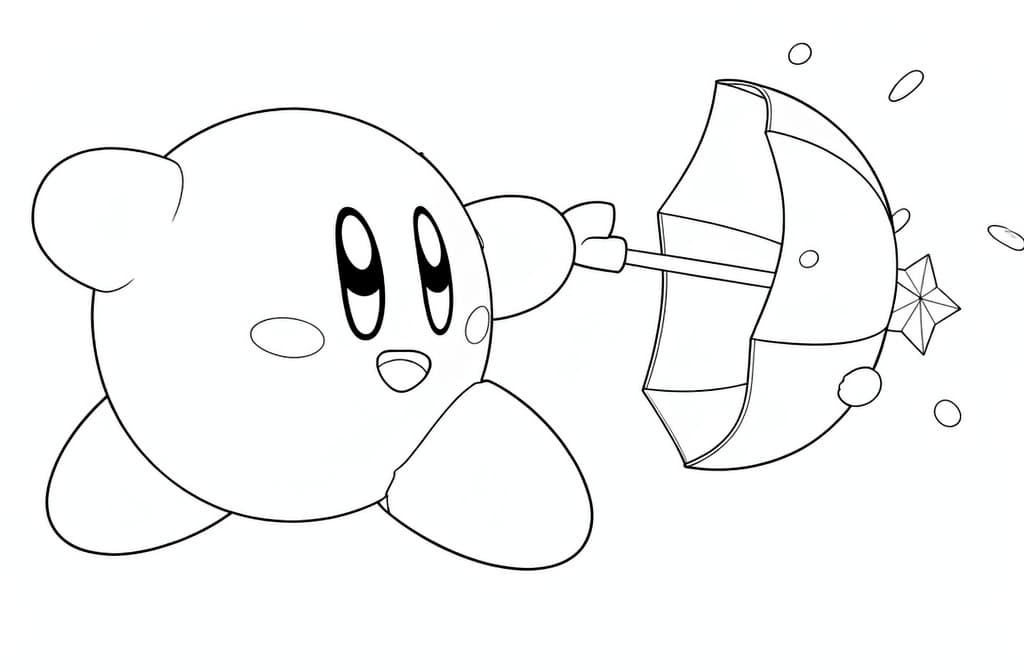Kirby hält einen geöffneten Regenschirm neben kleinen Tropfen