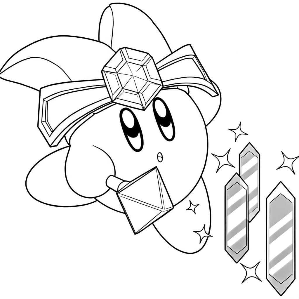 Kirby mit verzierter Mütze, Spiegel und schwebenden Kristallen