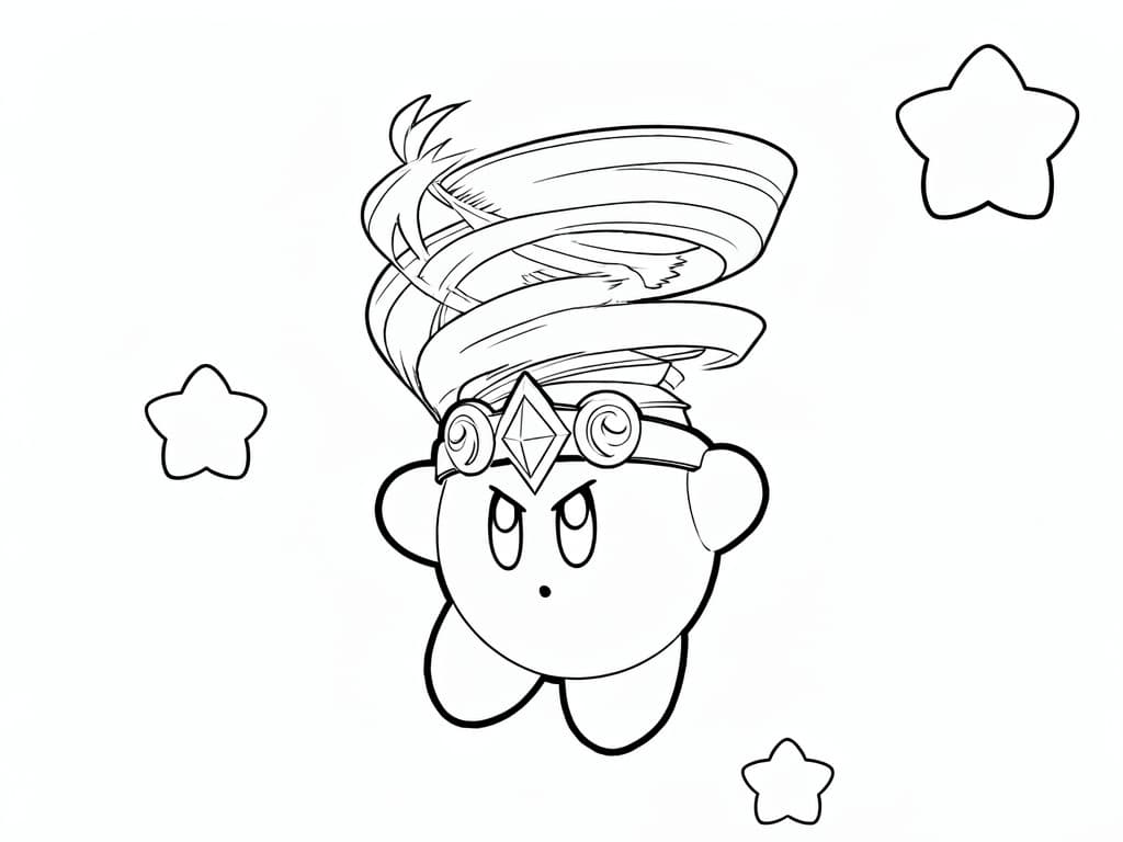 Kirby unter einem wirbelnden Tornado zwischen Sternen