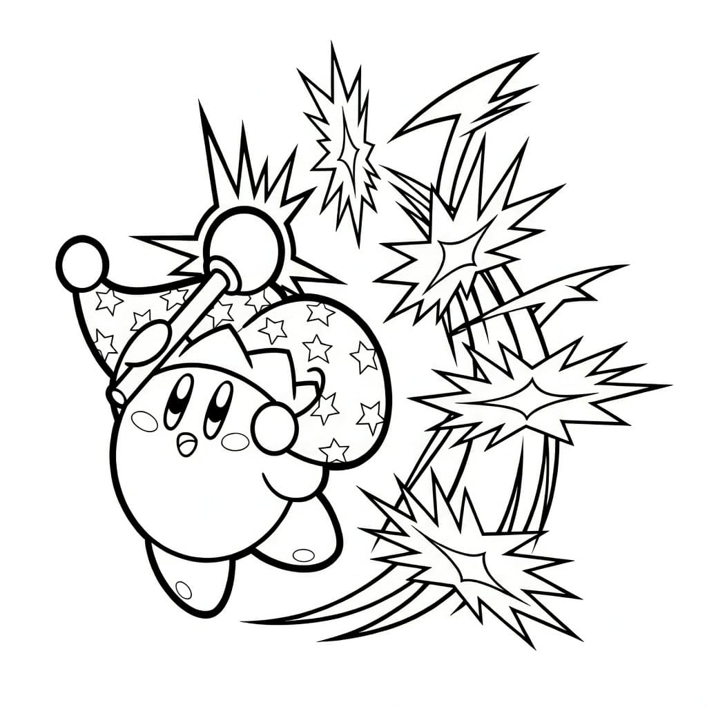 Kirby mit Sternenmütze und Zauberstab zwischen magischen Funken