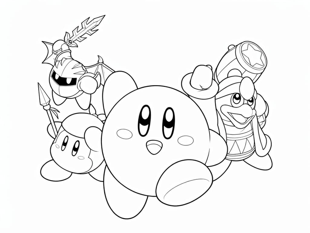 Kirby mit Waddle Dee, Meta Knight und König Dedede
