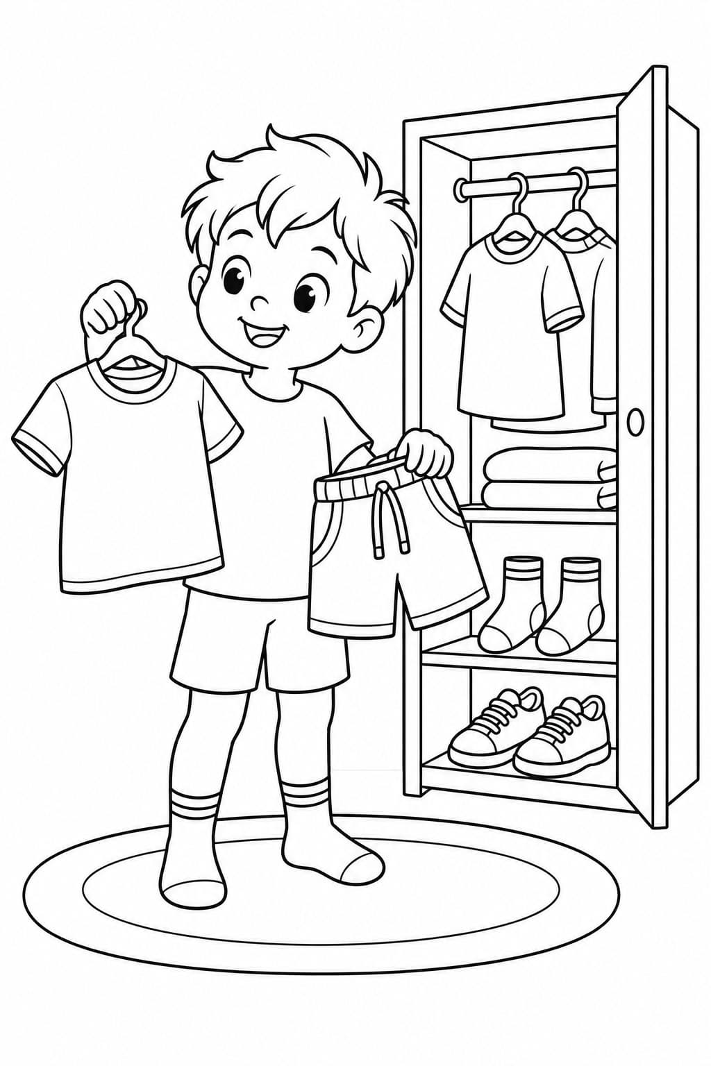 Kind wählt T-Shirt und kurze Hose aus dem Kleiderschrank Ausmalbild