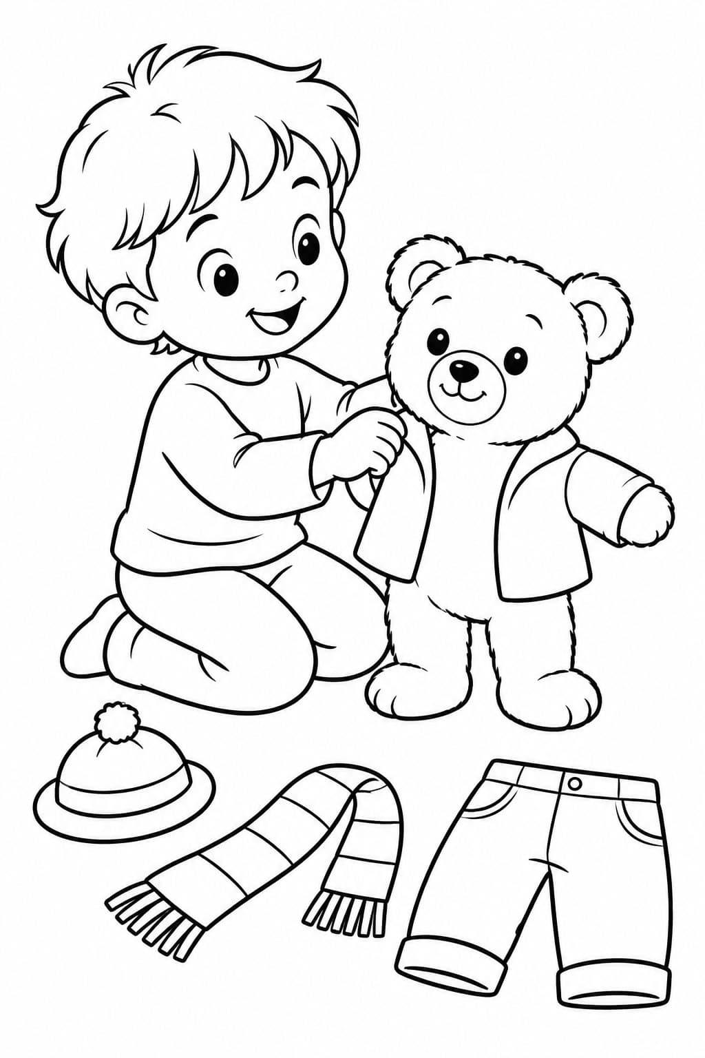 Kind zieht einen Teddybären mit kleiner Kleidung an Ausmalbild