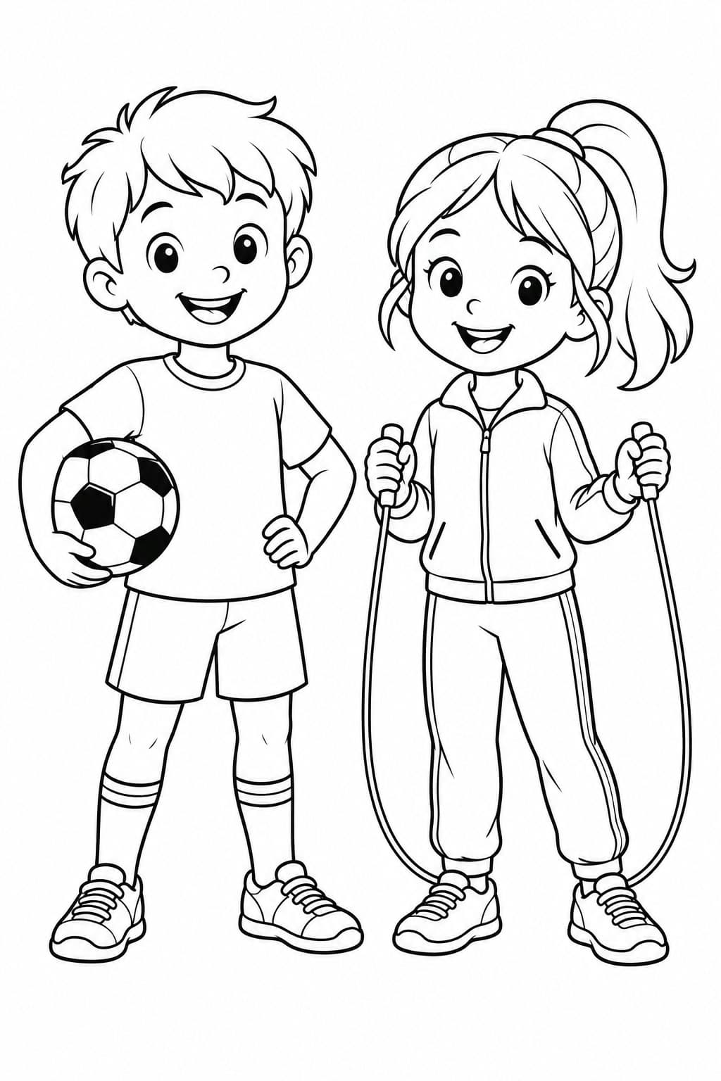 Kinder in Sportkleidung mit Fußball und Springseil Ausmalbild