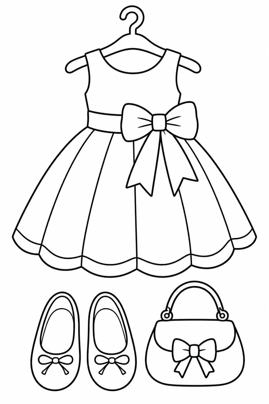 Kleid mit Schleife, Ballerinas und Handtasche Ausmalbild