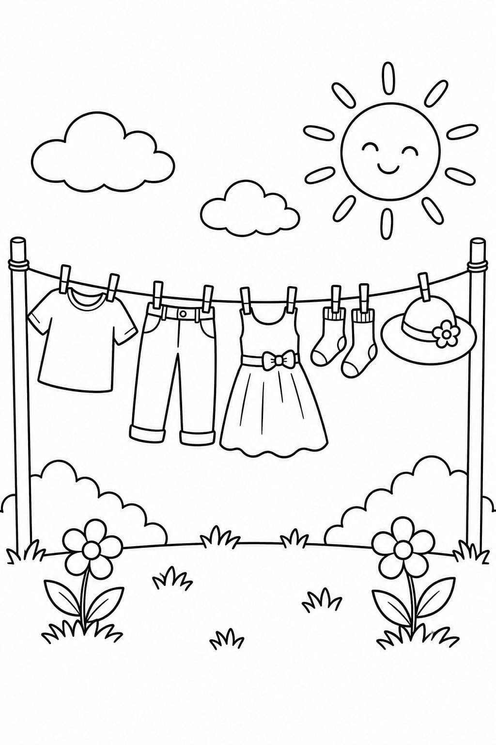 Verschiedene Kleidung auf einer Wäscheleine Ausmalbild