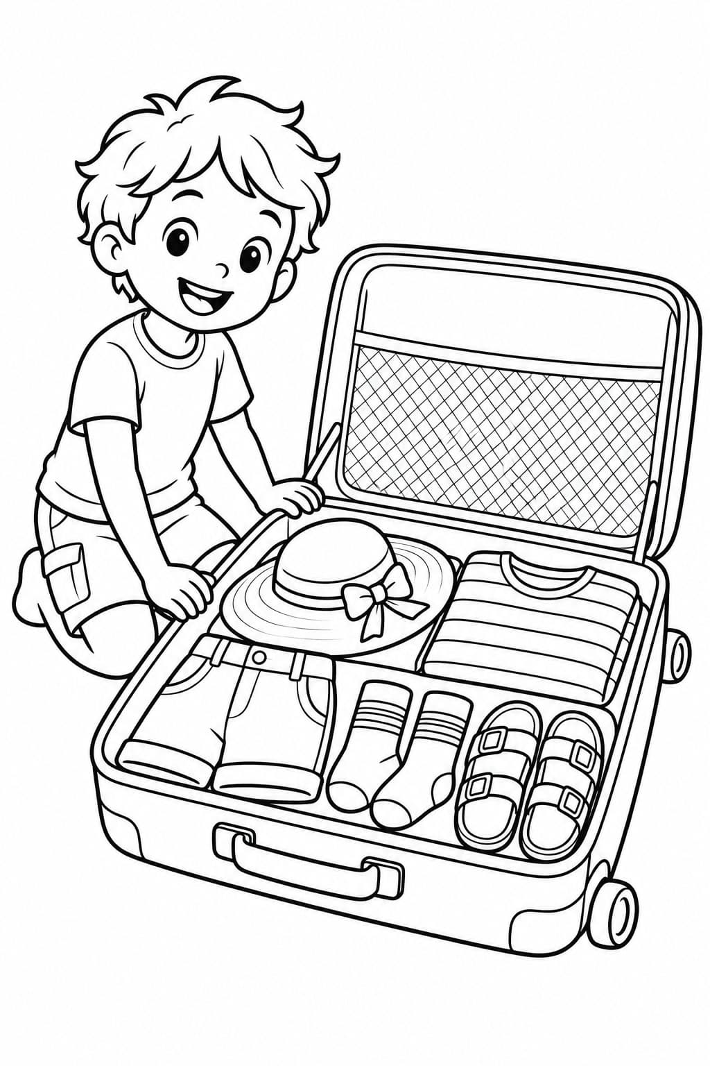 Kind packt Kleidung und Schuhe in einen Reisekoffer Ausmalbild