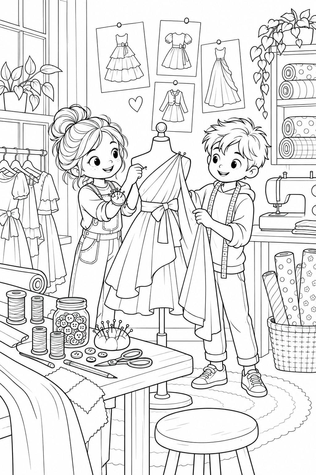 Kinder entwerfen Kleidung in einem Modeatelier Ausmalbild
