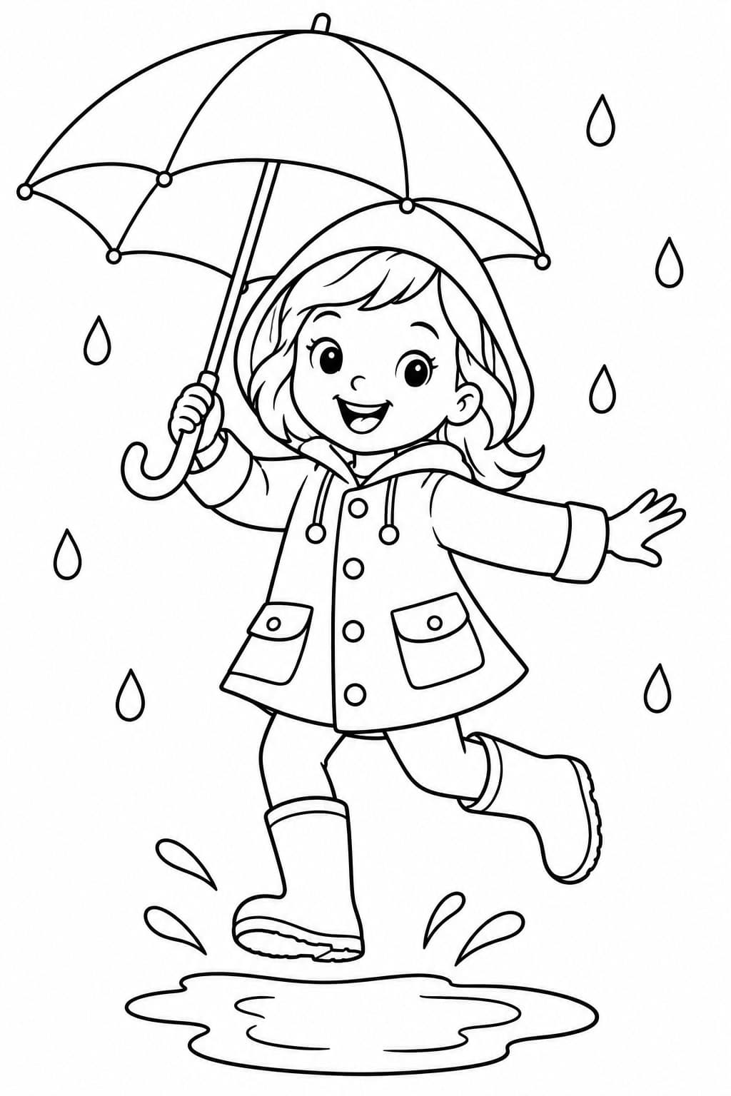 Kind mit Regenmantel, Gummistiefeln und Regenschirm Ausmalbild