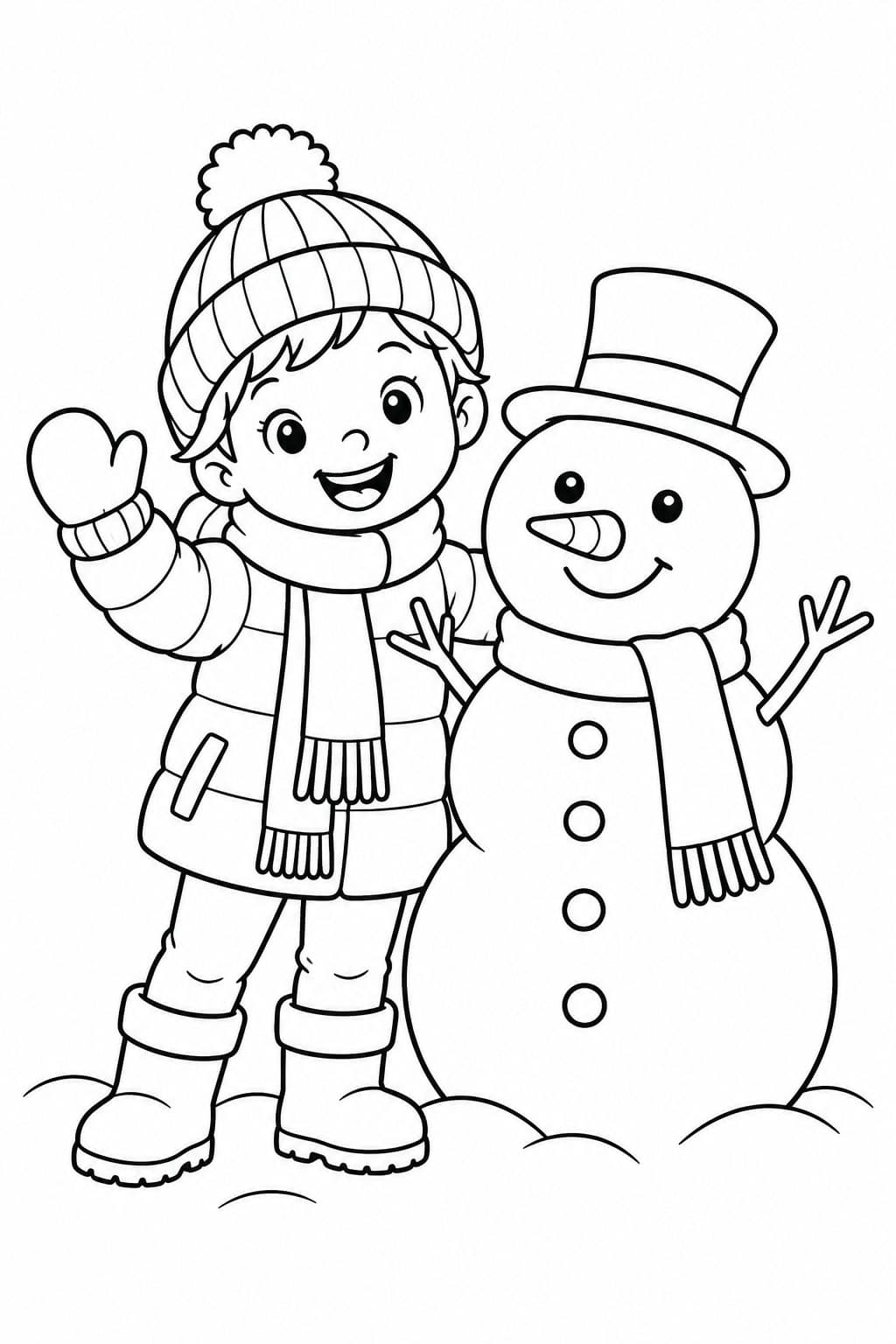 Kind in Winterkleidung neben einem Schneemann Ausmalbild